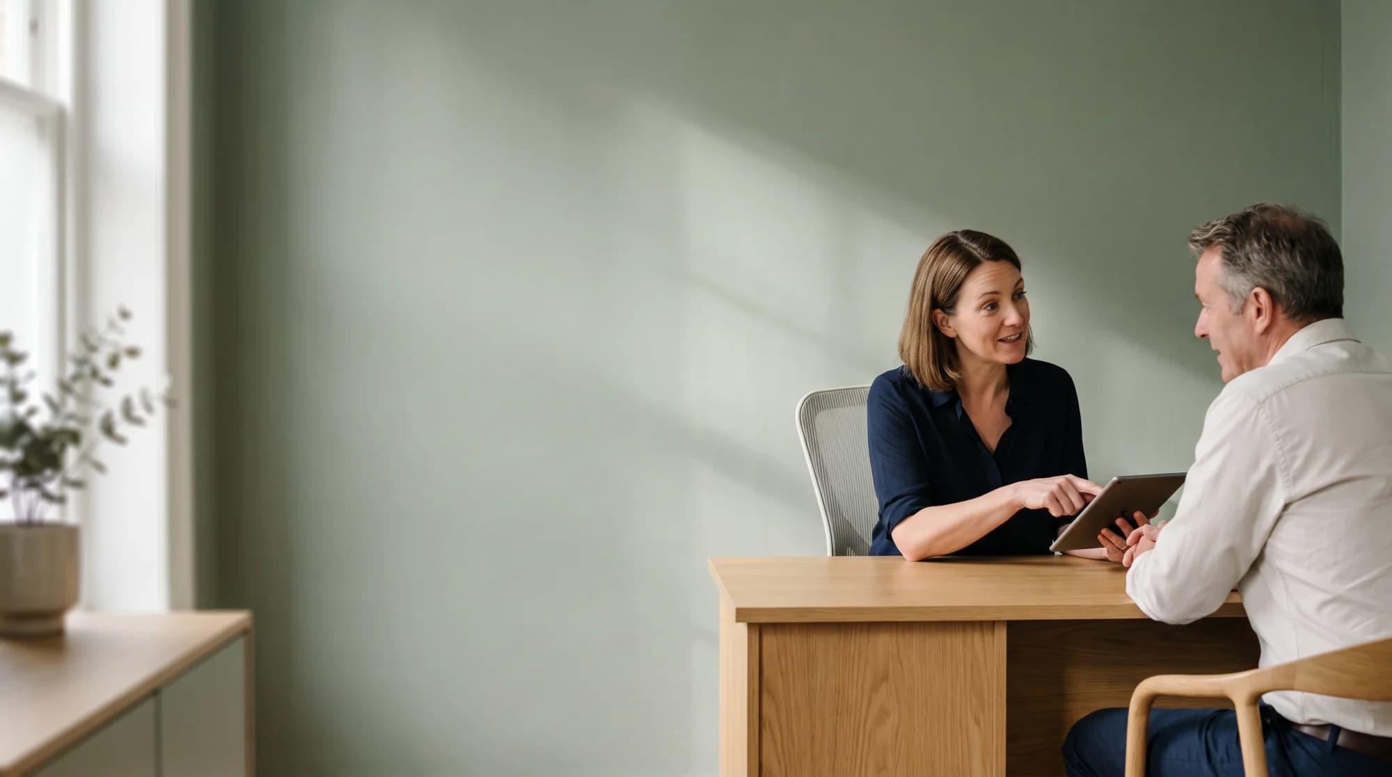 A GP explaining a blood test result to a patient across a desk in a calm clinic consulting room